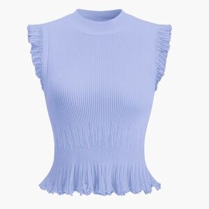 Commense Light Blue Ribbed Ruffle-Trim Tank